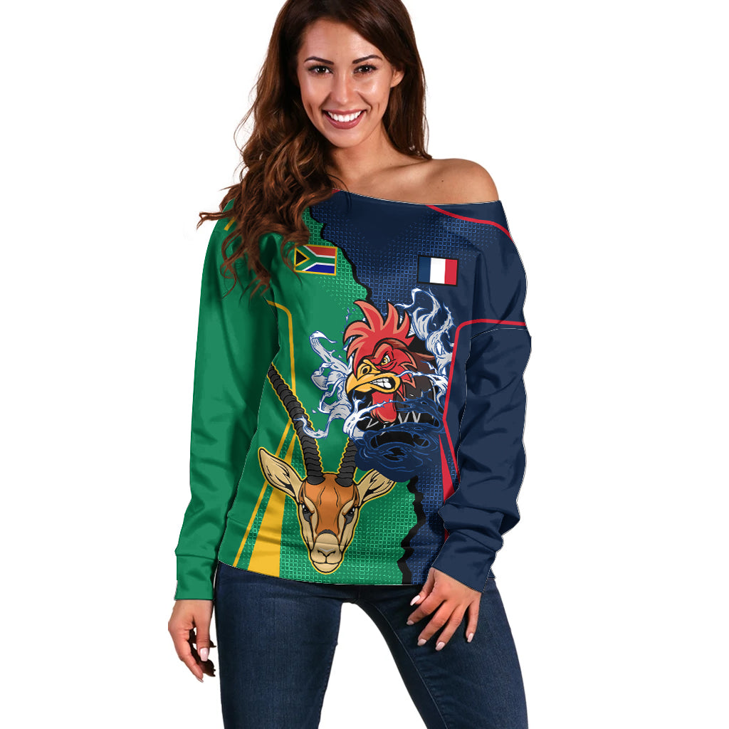 Custom France South Africa Rugby Off Shoulder Sweater Springboks and Gallic Rooster World Cup 2023 - Wonder Print Shop