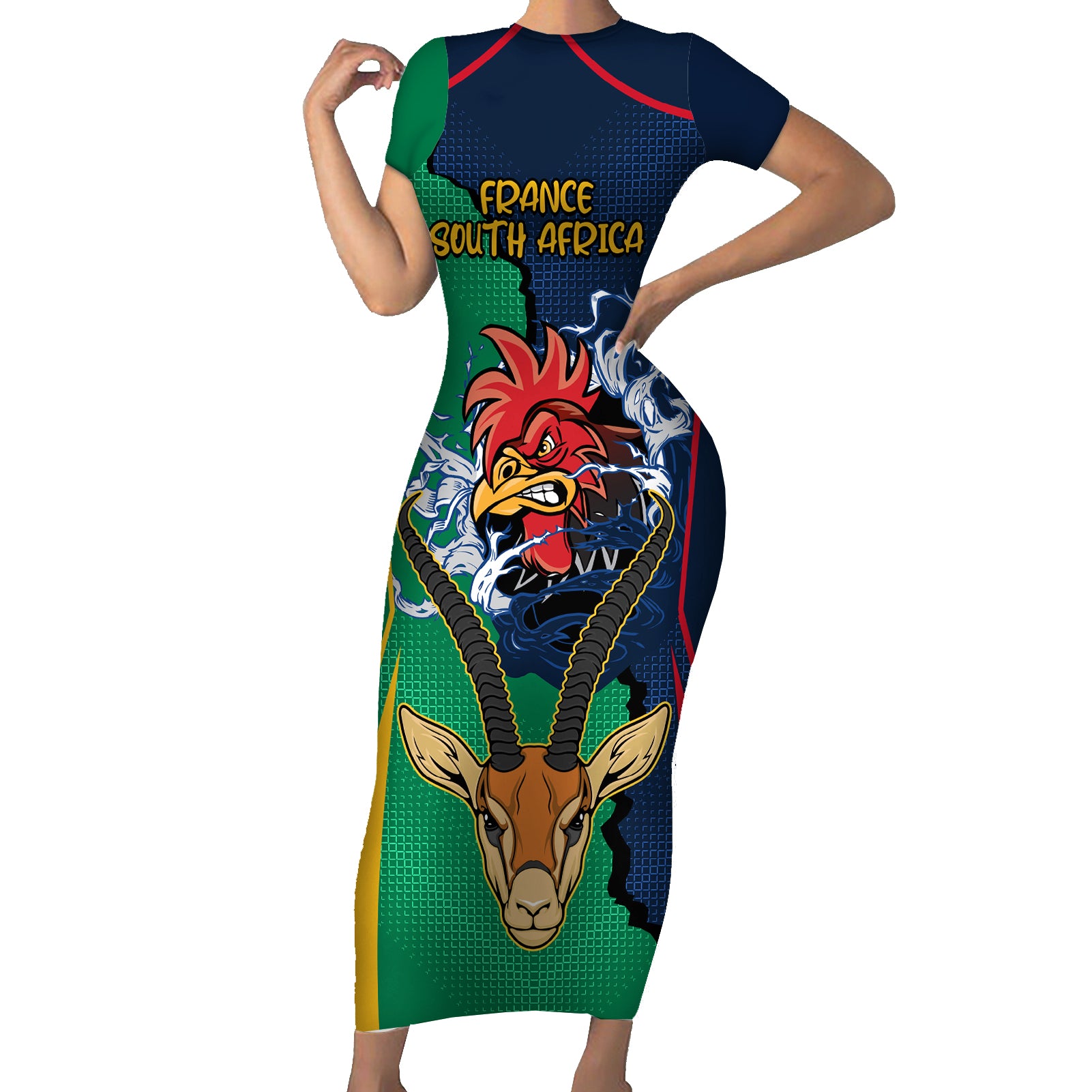 Custom France South Africa Rugby Short Sleeve Bodycon Dress Springboks and Gallic Rooster World Cup 2023 - Wonder Print Shop