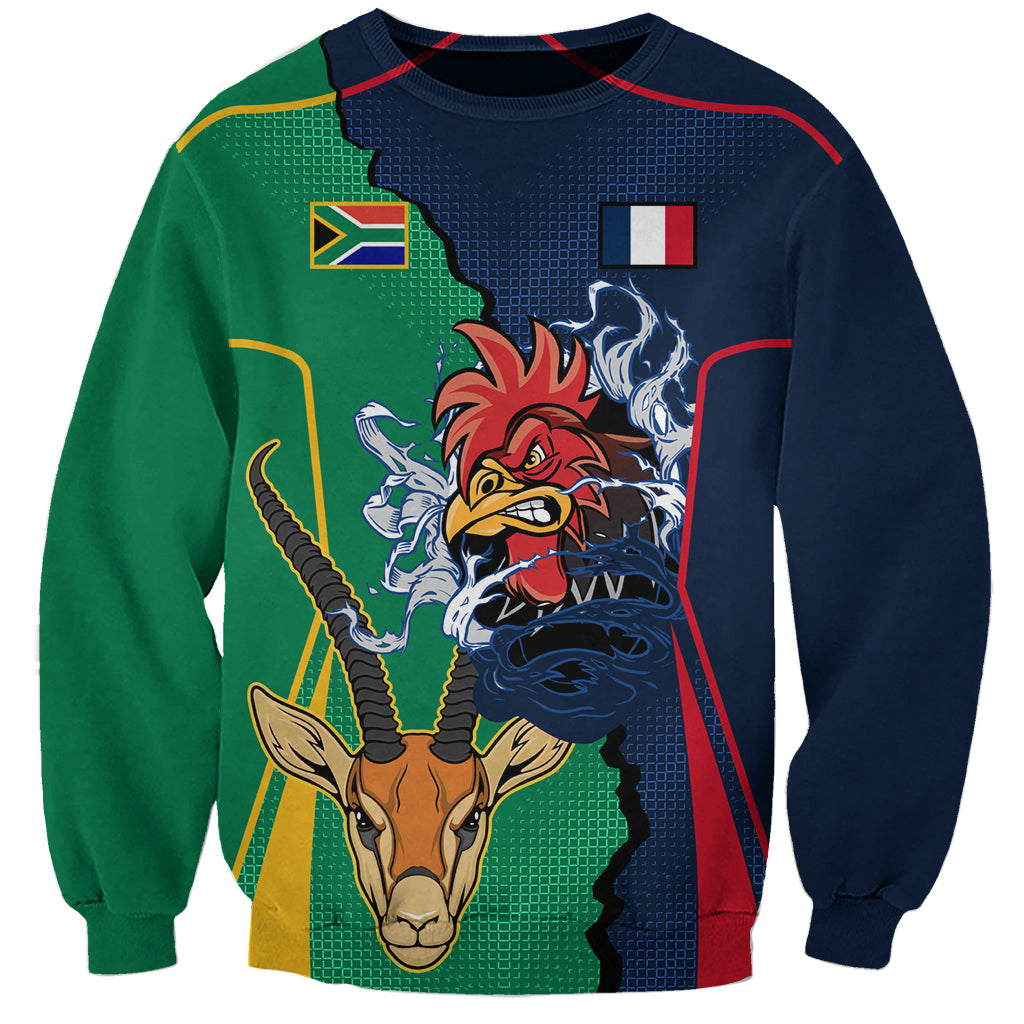Dark rugby sweatshirt with rooster and springbok graphic, World Cup-style panels