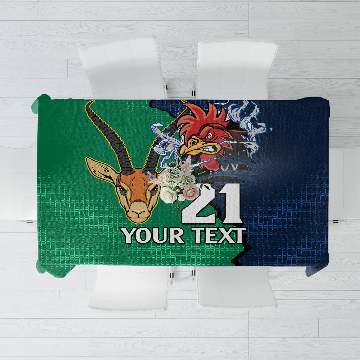 Green and navy rugby tablecloth with rooster, map graphic, number 21 and text area
