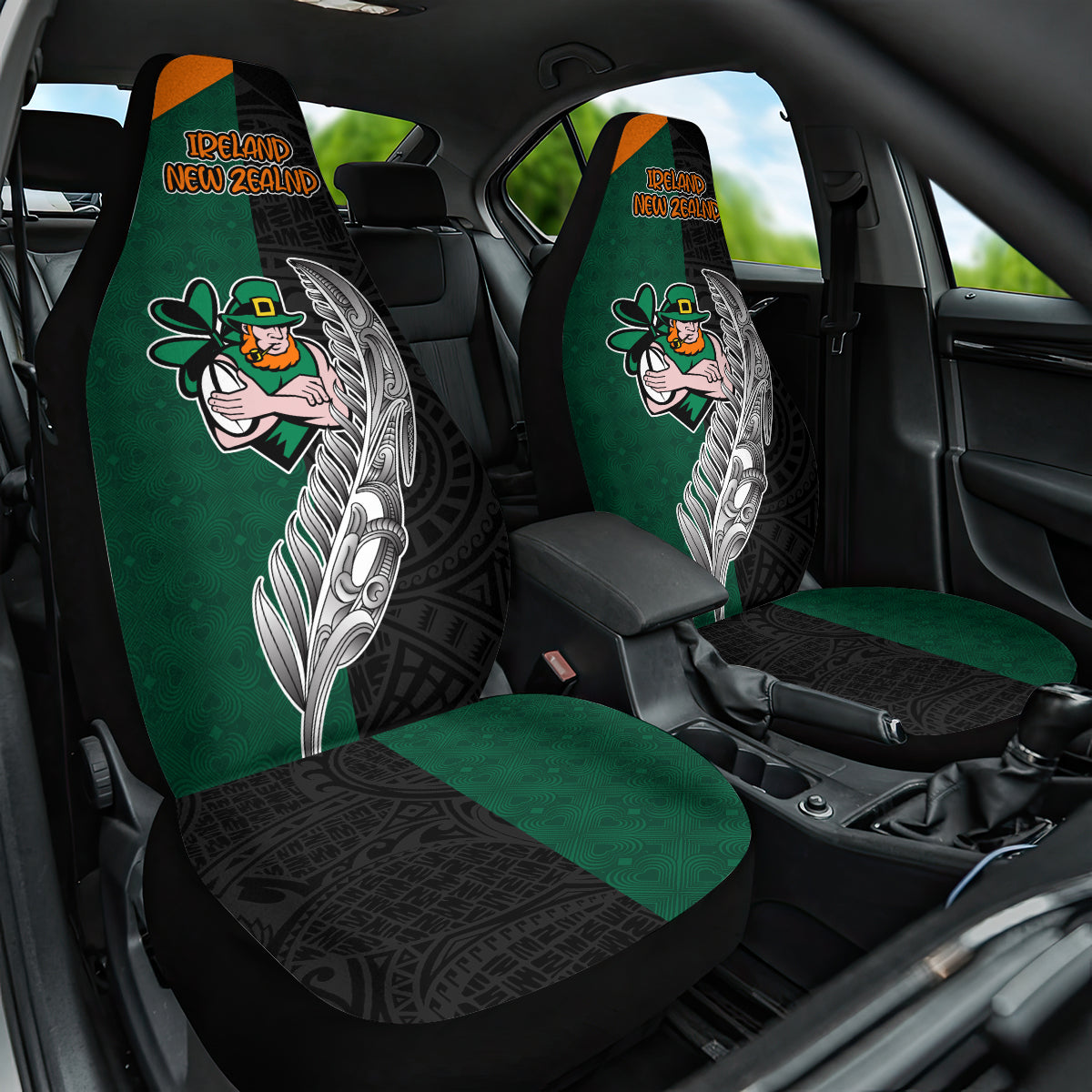 New Zealand Ireland Rugby Car Seat Cover Warrior Black Fern and Shamrocks World Cup 2023 LT9 - Wonder Print Shop