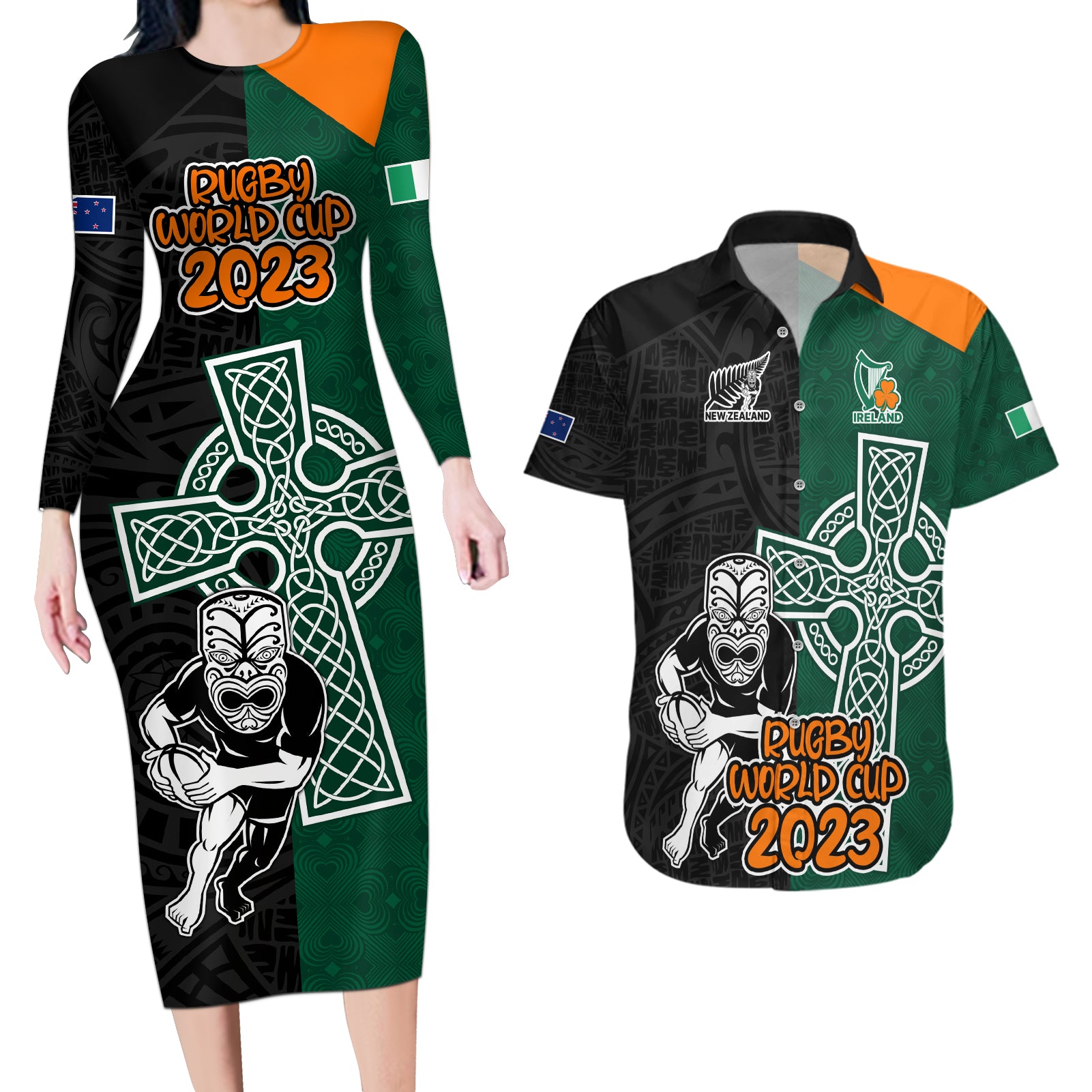 New Zealand Ireland Rugby Couples Matching Long Sleeve Bodycon Dress and Hawaiian Shirt Warrior Black Fern and Shamrocks World Cup 2023 LT9 - Wonder Print Shop