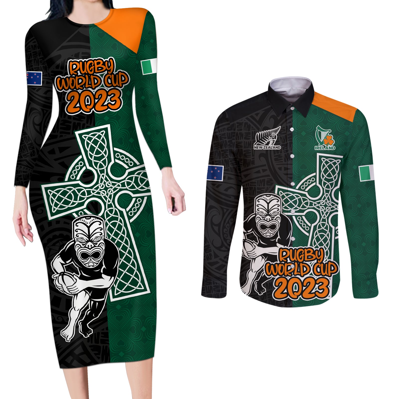 New Zealand Ireland Rugby Couples Matching Long Sleeve Bodycon Dress and Long Sleeve Button Shirts Warrior Black Fern and Shamrocks World Cup 2023 LT9 - Wonder Print Shop