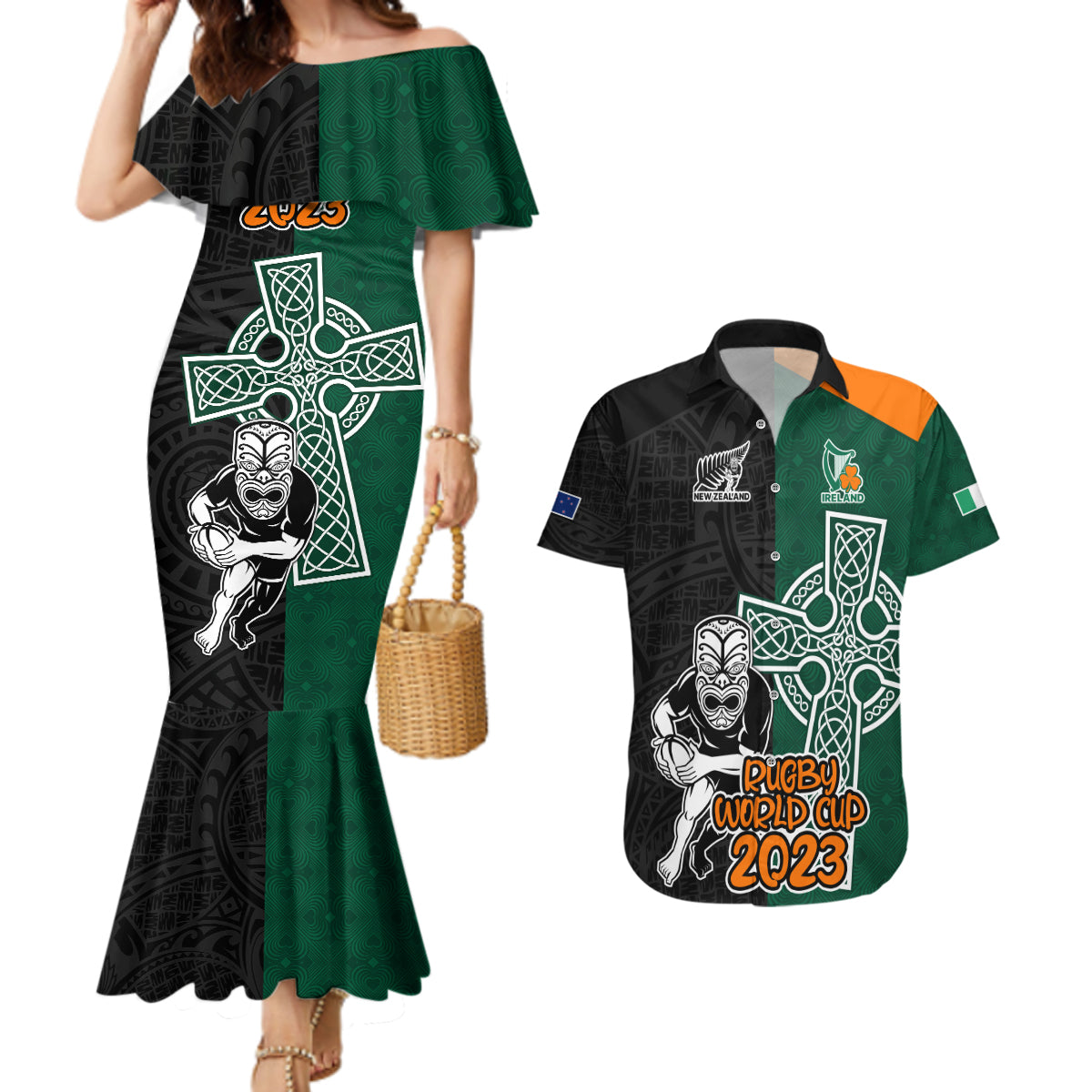 New Zealand Ireland Rugby Couples Matching Mermaid Dress and Hawaiian Shirt Warrior Black Fern and Shamrocks World Cup 2023 LT9 - Wonder Print Shop