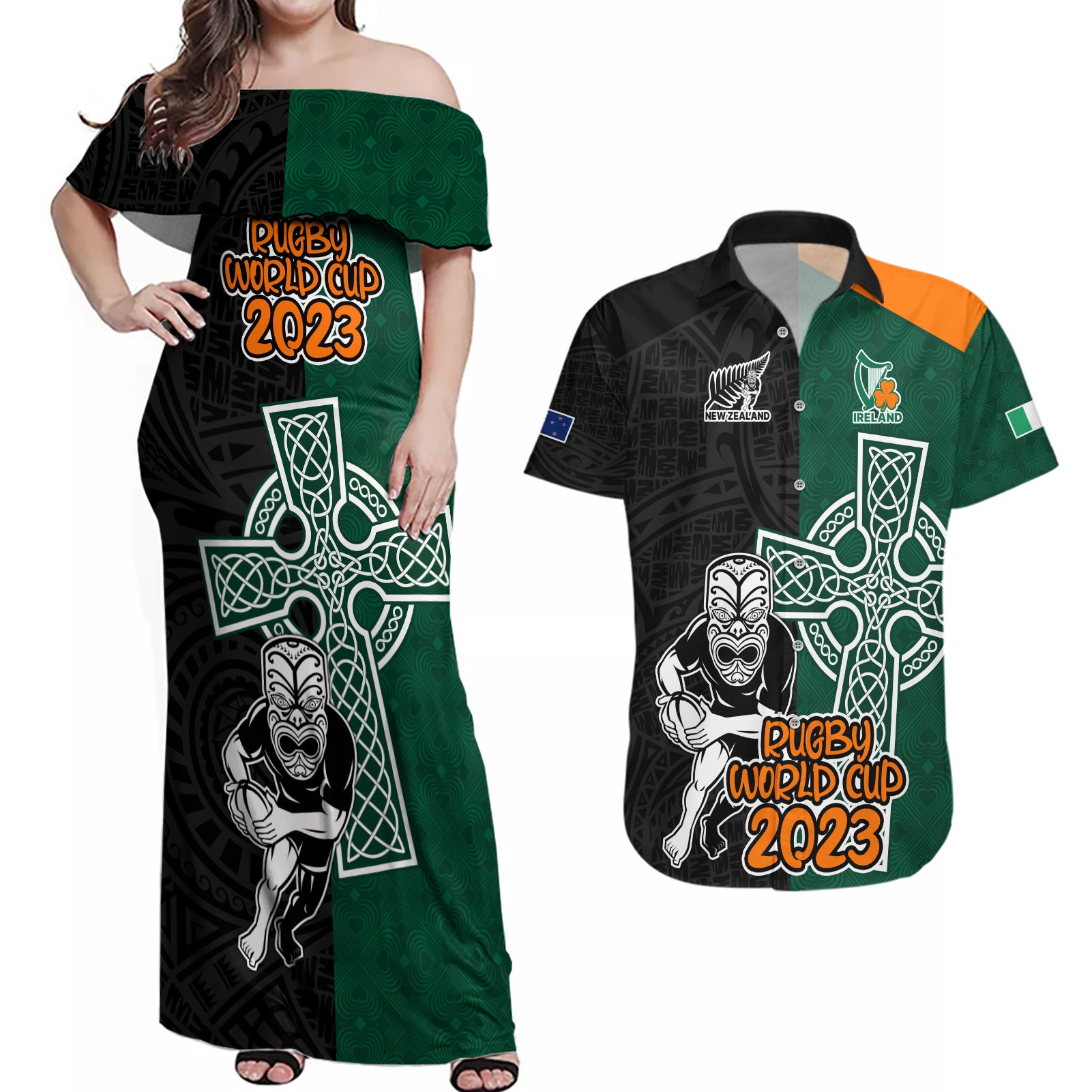 New Zealand Ireland Rugby Couples Matching Off Shoulder Maxi Dress and Hawaiian Shirt Warrior Black Fern and Shamrocks World Cup 2023 LT9 - Wonder Print Shop