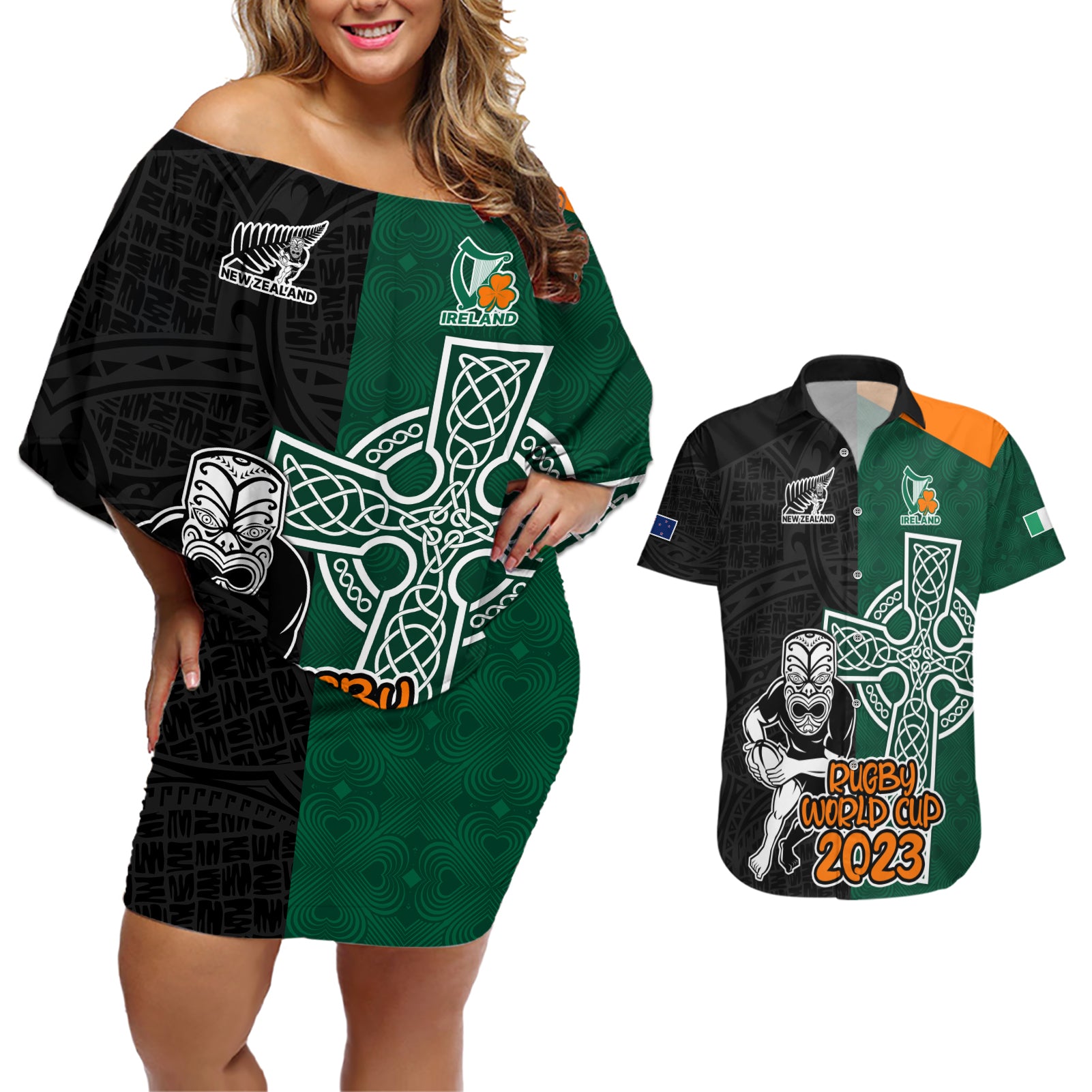 New Zealand Ireland Rugby Couples Matching Off Shoulder Short Dress and Hawaiian Shirt Warrior Black Fern and Shamrocks World Cup 2023 LT9 - Wonder Print Shop