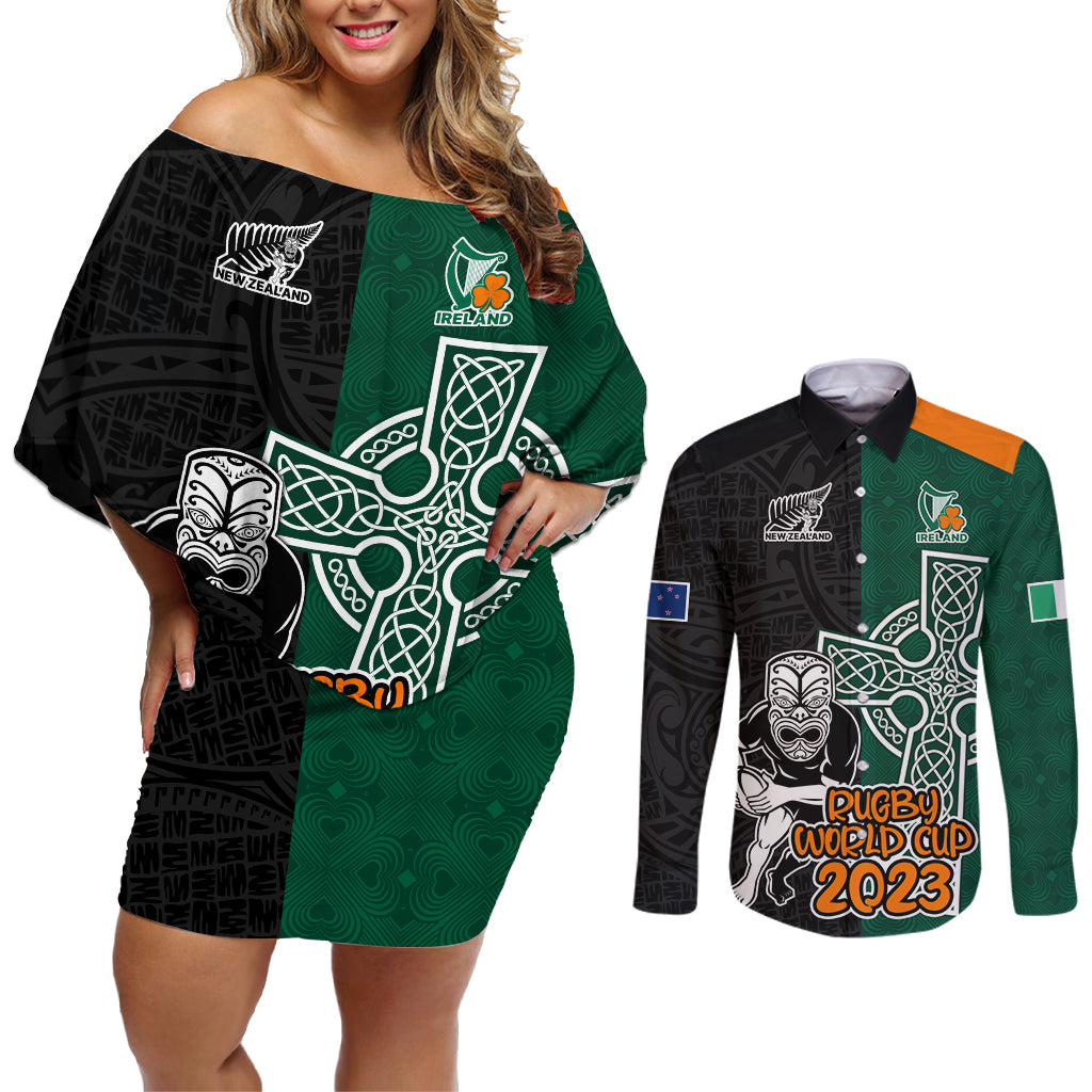 New Zealand Ireland Rugby Couples Matching Off Shoulder Short Dress and Long Sleeve Button Shirts Warrior Black Fern and Shamrocks World Cup 2023 LT9 - Wonder Print Shop