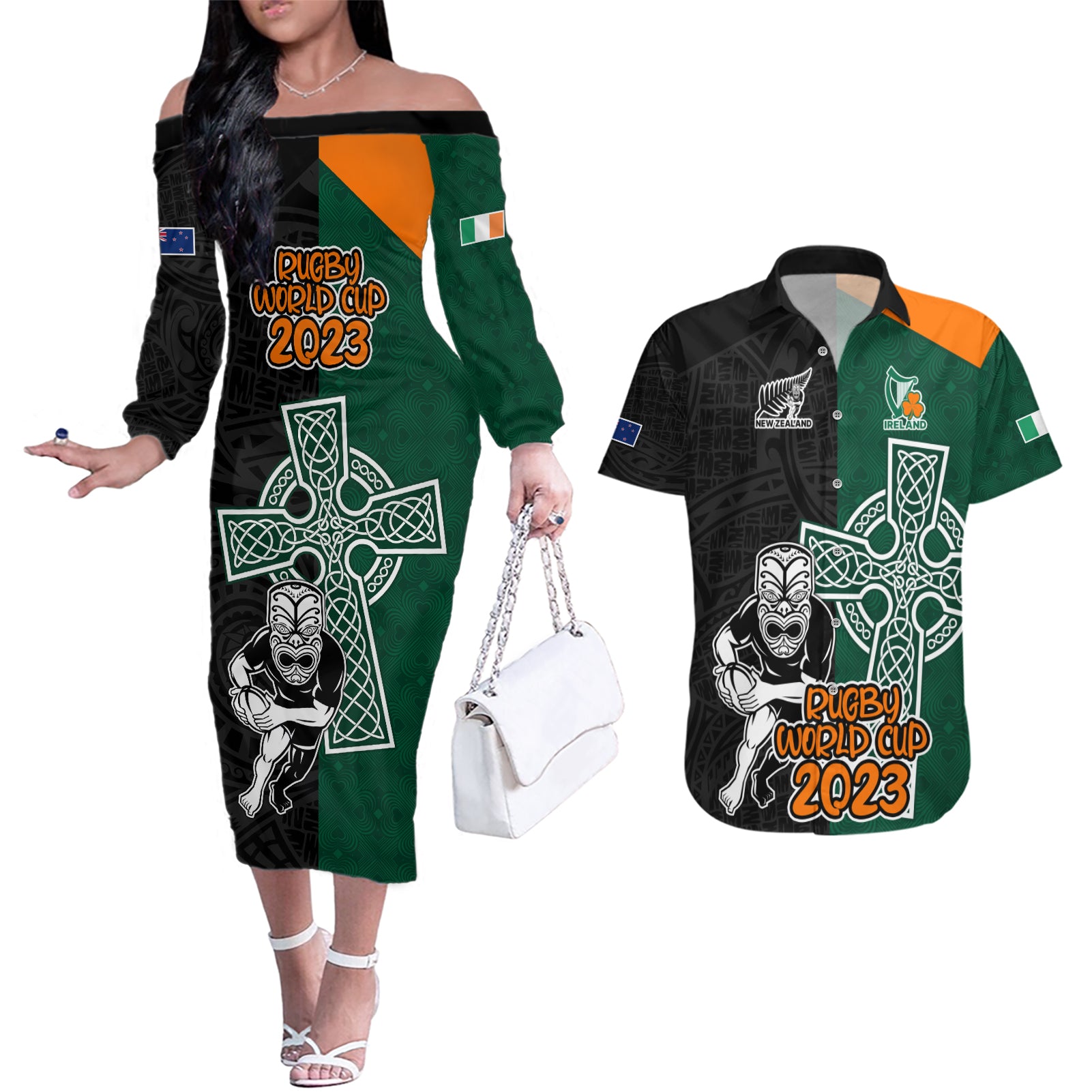 New Zealand Ireland Rugby Couples Matching Off The Shoulder Long Sleeve Dress and Hawaiian Shirt Warrior Black Fern and Shamrocks World Cup 2023 LT9 - Wonder Print Shop