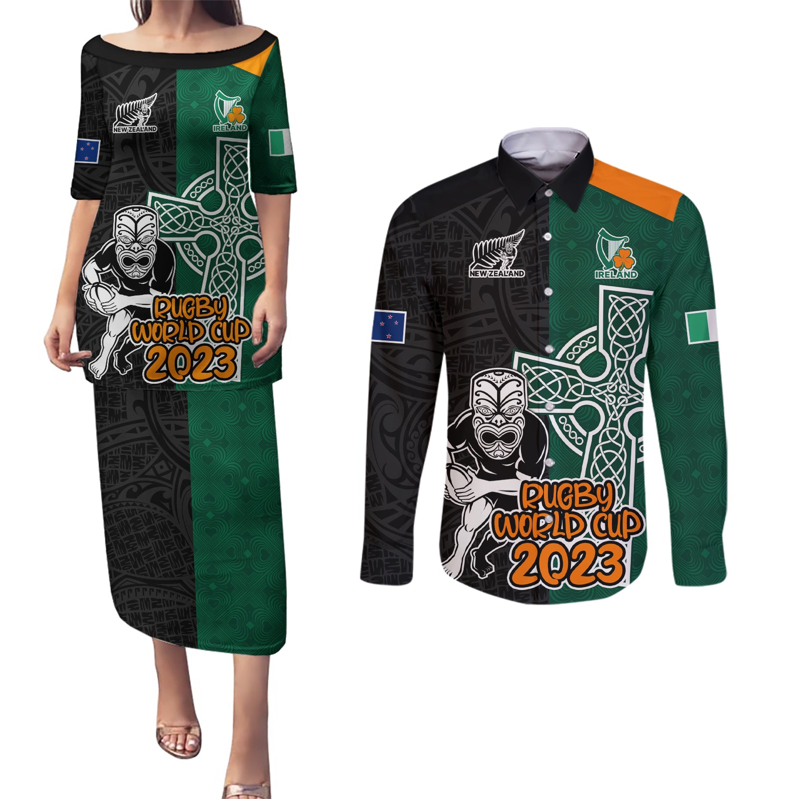 New Zealand Ireland Rugby Couples Matching Puletasi Dress and Long Sleeve Button Shirts Warrior Black Fern and Shamrocks World Cup 2023 LT9 - Wonder Print Shop