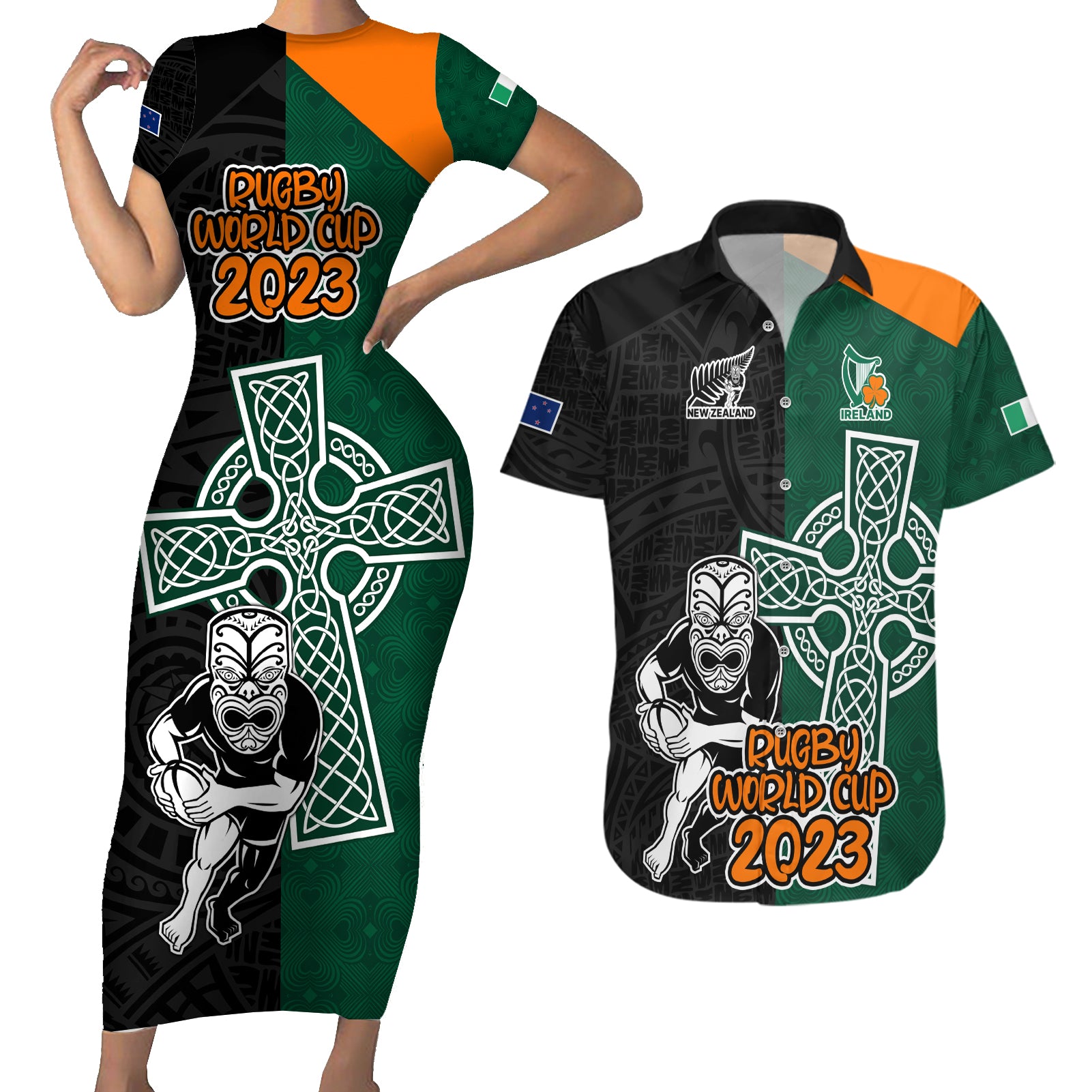 New Zealand Ireland Rugby Couples Matching Short Sleeve Bodycon Dress and Hawaiian Shirt Warrior Black Fern and Shamrocks World Cup 2023 LT9 - Wonder Print Shop