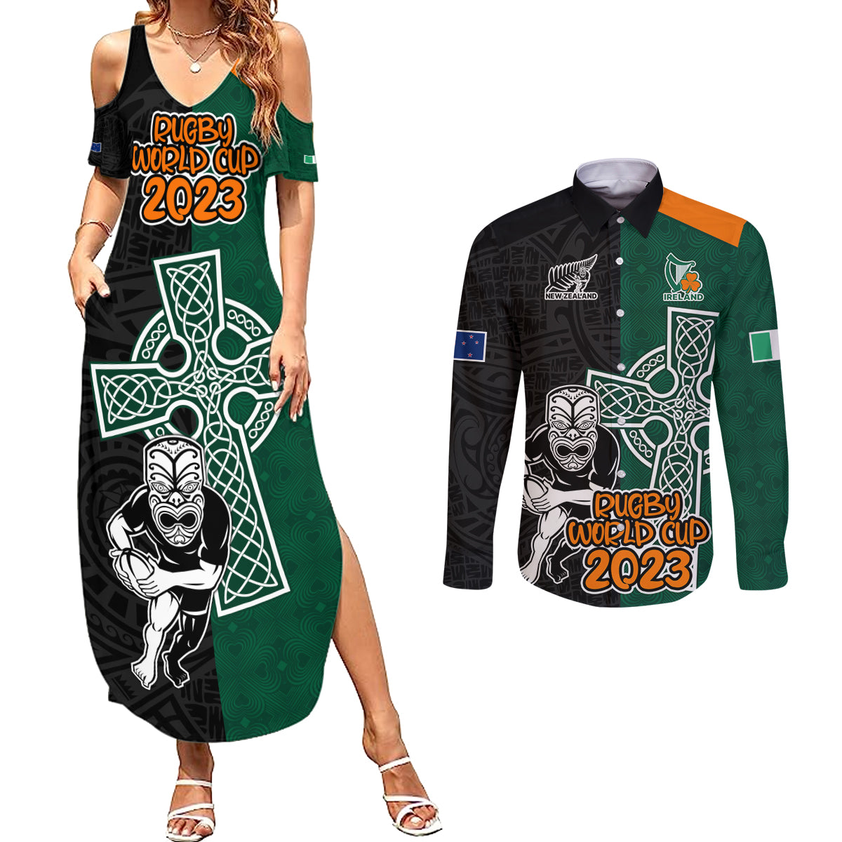 New Zealand Ireland Rugby Couples Matching Summer Maxi Dress and Long Sleeve Button Shirts Warrior Black Fern and Shamrocks World Cup 2023 LT9 - Wonder Print Shop