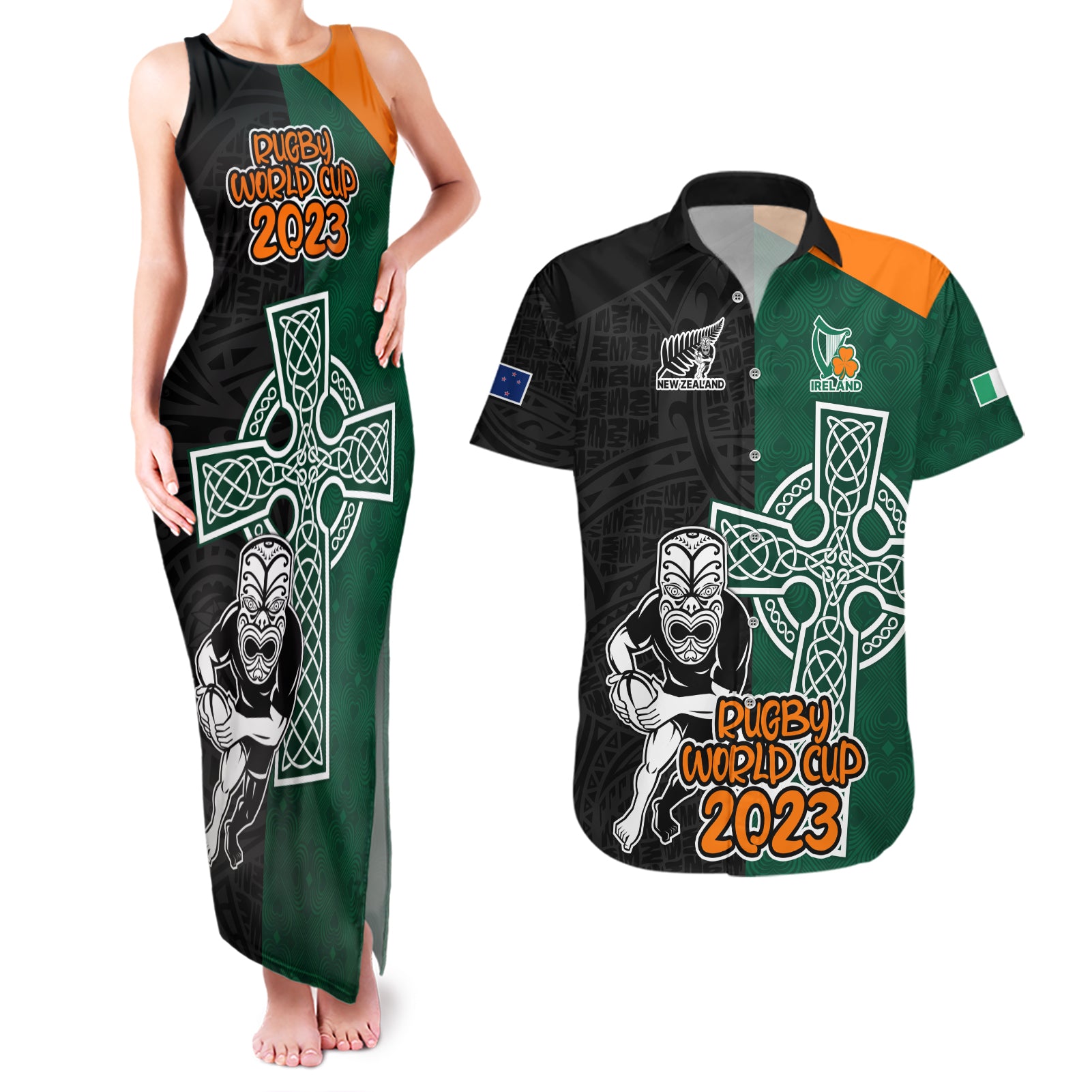 New Zealand Ireland Rugby Couples Matching Tank Maxi Dress and Hawaiian Shirt Warrior Black Fern and Shamrocks World Cup 2023 LT9 - Wonder Print Shop