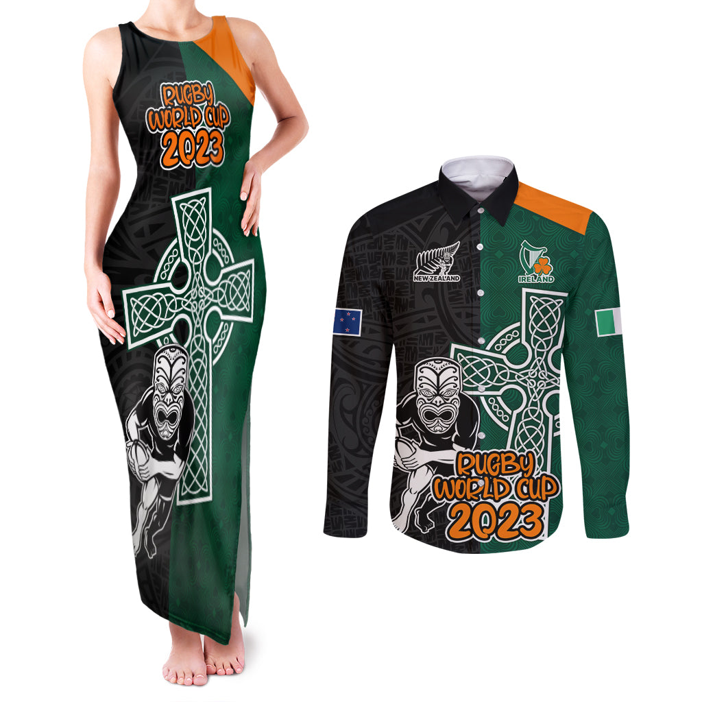 New Zealand Ireland Rugby Couples Matching Tank Maxi Dress and Long Sleeve Button Shirts Warrior Black Fern and Shamrocks World Cup 2023 LT9 - Wonder Print Shop