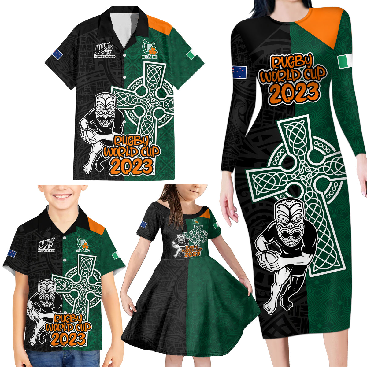 New Zealand Ireland Rugby Family Matching Long Sleeve Bodycon Dress and Hawaiian Shirt Warrior Black Fern and Shamrocks World Cup 2023 LT9 - Wonder Print Shop