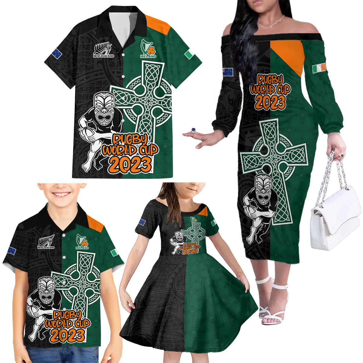 New Zealand Ireland Rugby Family Matching Off Shoulder Long Sleeve Dress and Hawaiian Shirt Warrior Black Fern and Shamrocks World Cup 2023 - Wonder Print Shop