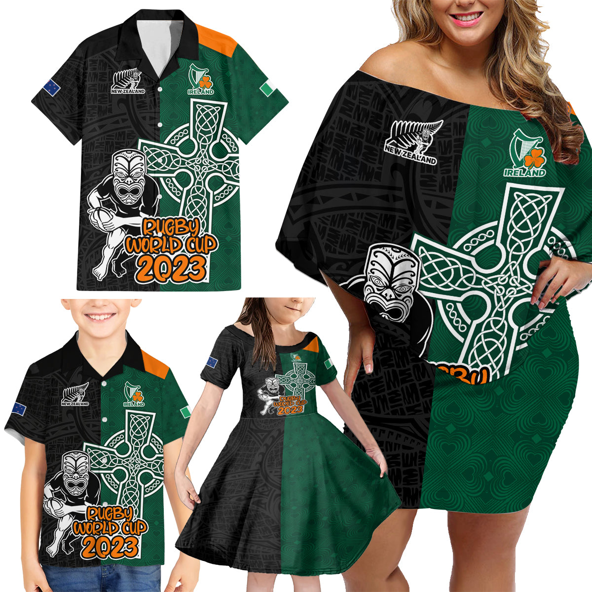 New Zealand Ireland Rugby Family Matching Off Shoulder Short Dress and Hawaiian Shirt Warrior Black Fern and Shamrocks World Cup 2023 LT9 - Wonder Print Shop