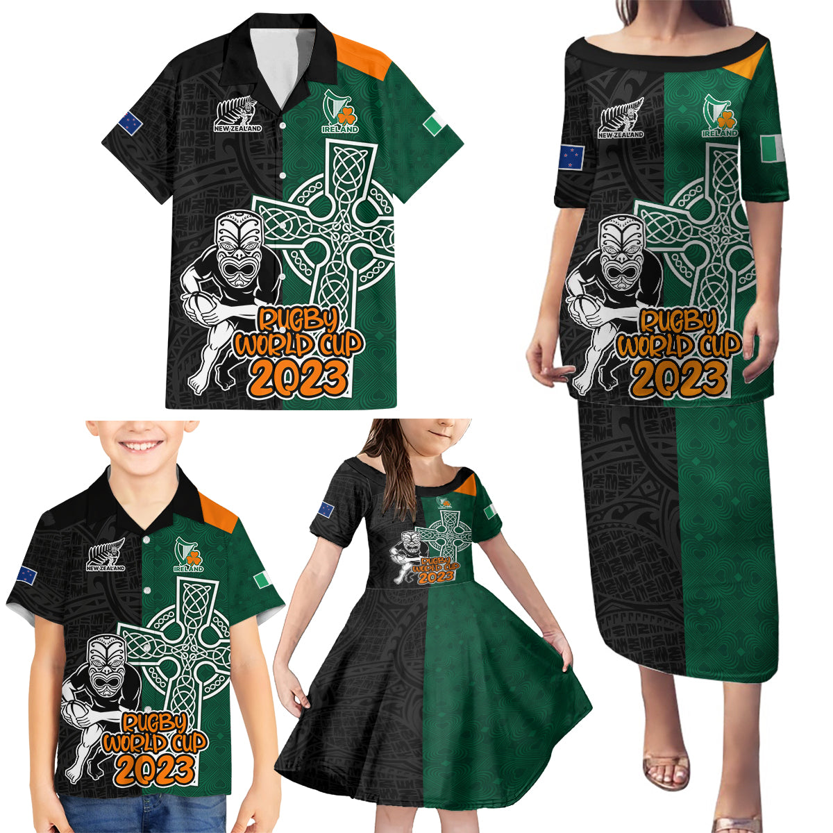 New Zealand Ireland Rugby Family Matching Puletasi Dress and Hawaiian Shirt Warrior Black Fern and Shamrocks World Cup 2023 - Wonder Print Shop