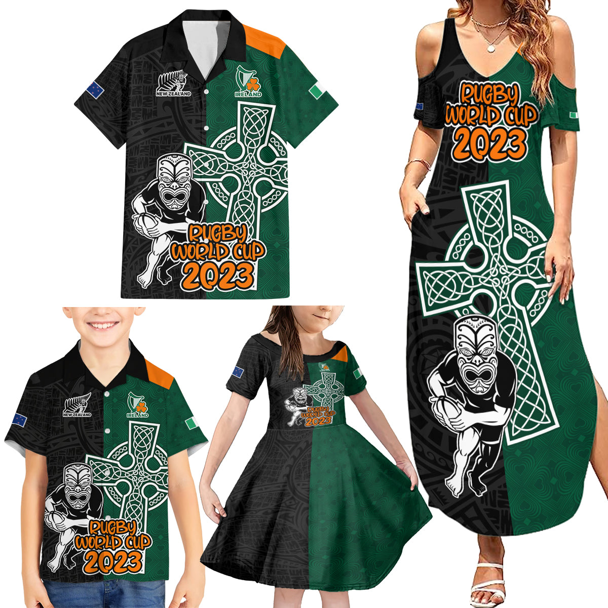 New Zealand Ireland Rugby Family Matching Summer Maxi Dress and Hawaiian Shirt Warrior Black Fern and Shamrocks World Cup 2023 - Wonder Print Shop