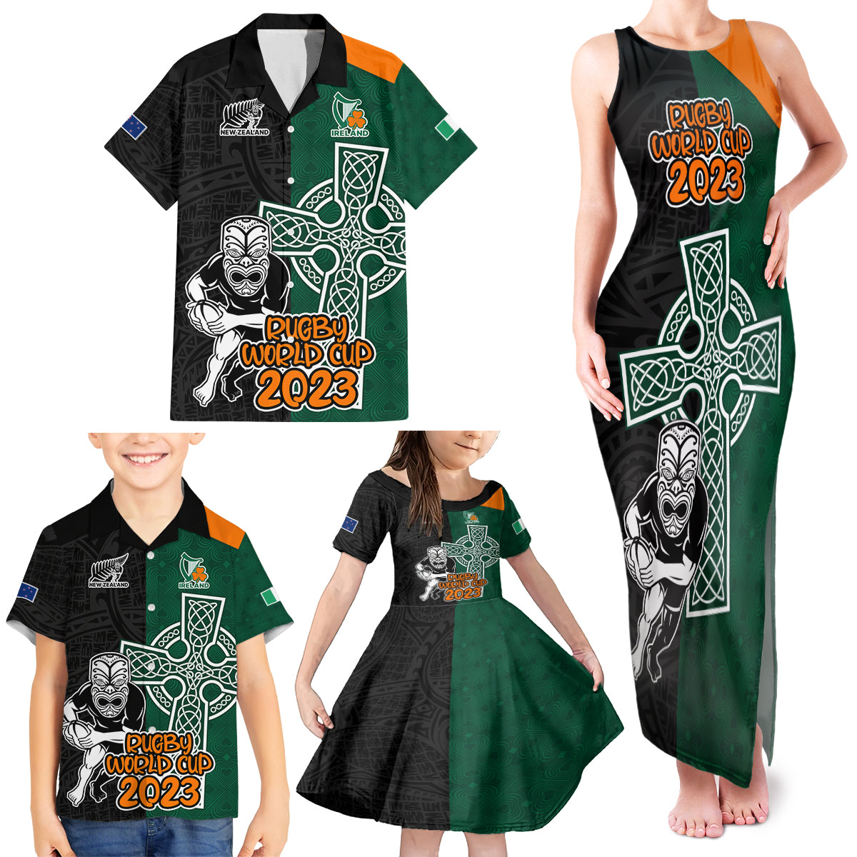 New Zealand Ireland Rugby Family Matching Tank Maxi Dress and Hawaiian Shirt Warrior Black Fern and Shamrocks World Cup 2023 - Wonder Print Shop