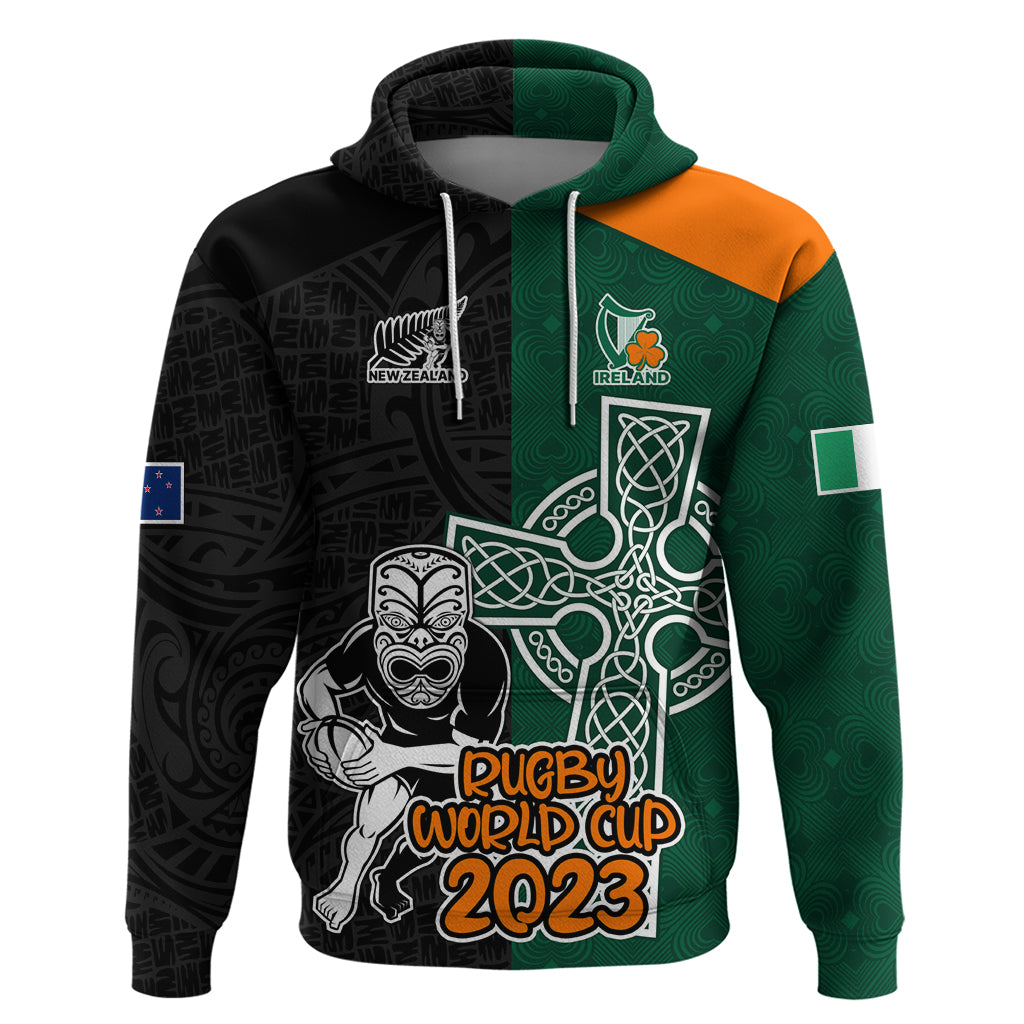 New Zealand Ireland Rugby Hoodie Warrior Black Fern and Shamrocks World Cup 2023 - Wonder Print Shop