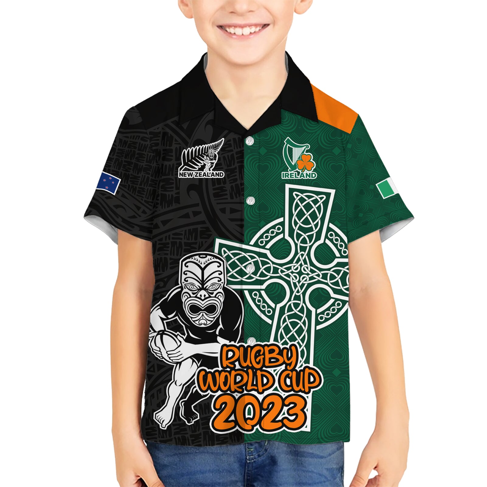 New Zealand Ireland Rugby Kid Hawaiian Shirt Warrior Black Fern and Shamrocks World Cup 2023 - Wonder Print Shop