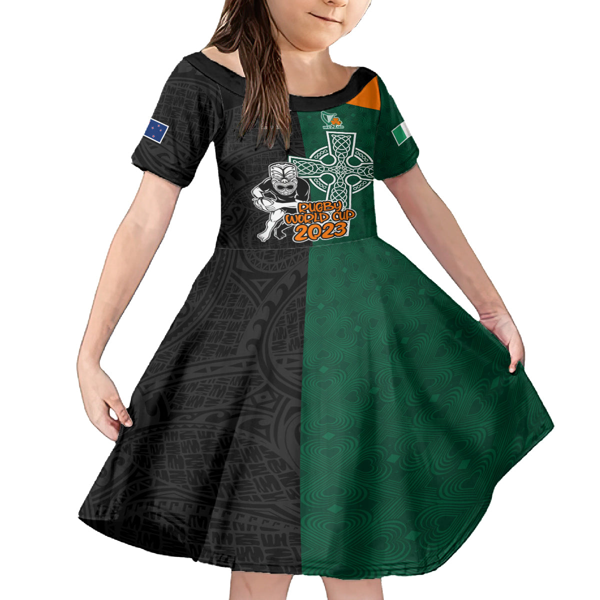 New Zealand Ireland Rugby Kid Short Sleeve Dress Warrior Black Fern and Shamrocks World Cup 2023 - Wonder Print Shop