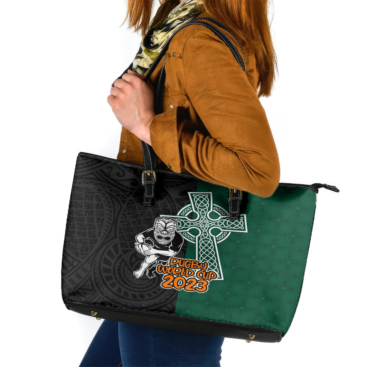 New Zealand Ireland Rugby Leather Tote Bag Warrior Black Fern and Shamrocks World Cup 2023 - Wonder Print Shop