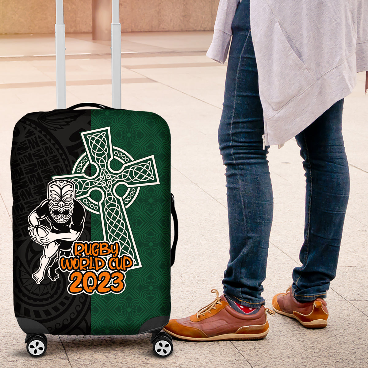 New Zealand Ireland Rugby Luggage Cover Warrior Black Fern and Shamrocks World Cup 2023 - Wonder Print Shop