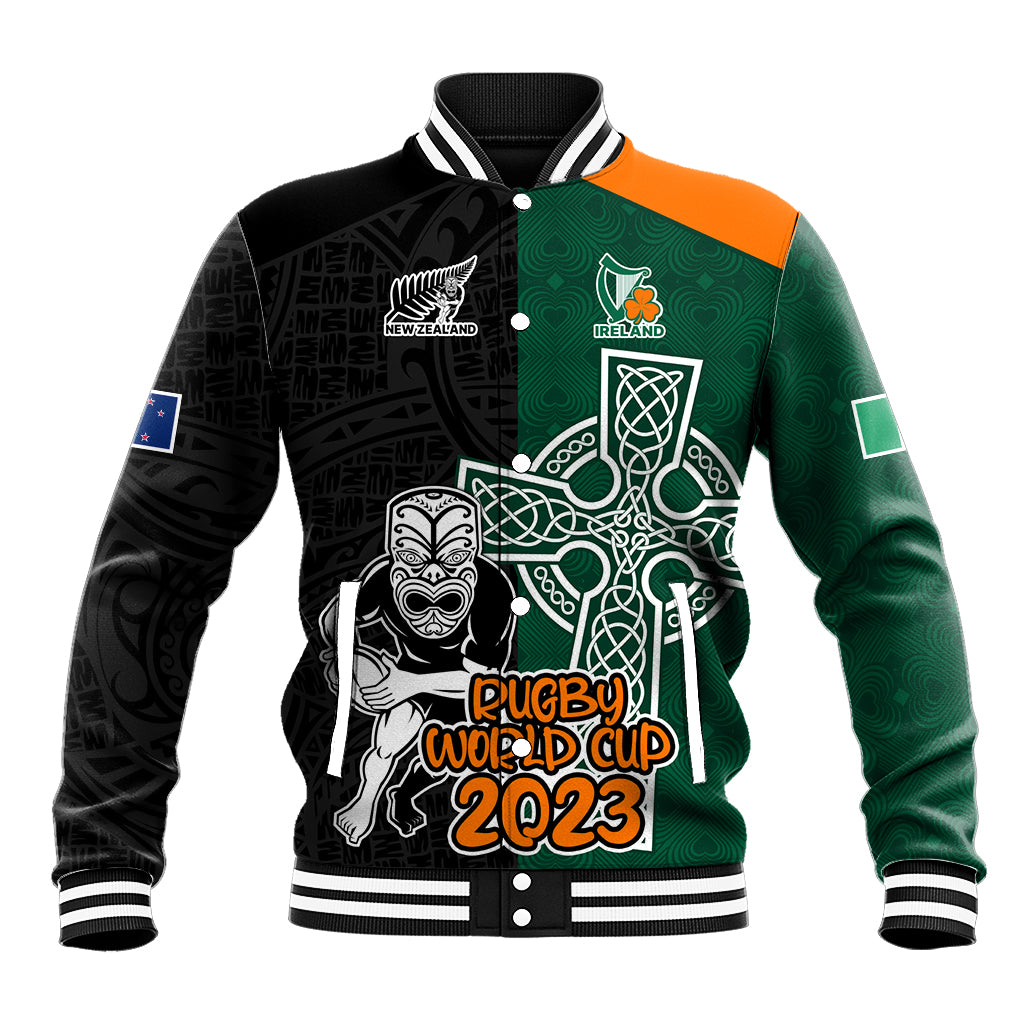 Two-tone varsity rugby baseball jacket, black and green with World Cup 2023 graphic