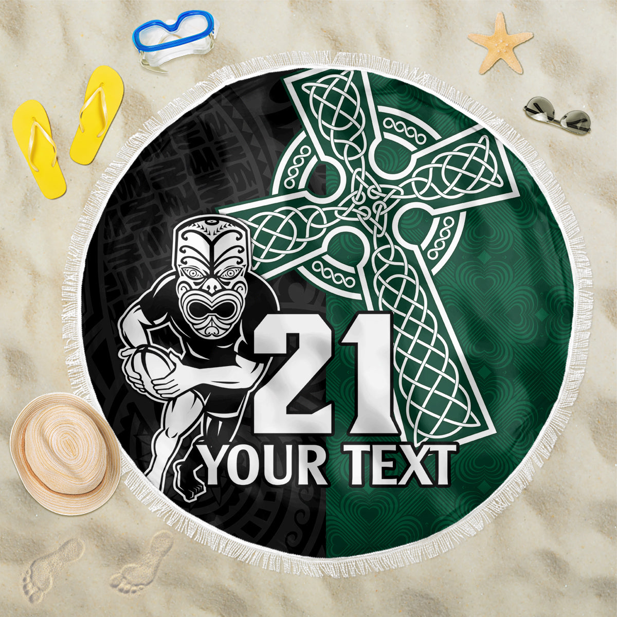 Custom New Zealand Ireland Rugby Beach Blanket Warrior Black Fern and Shamrocks World Cup 2023 LT9 - Wonder Print Shop