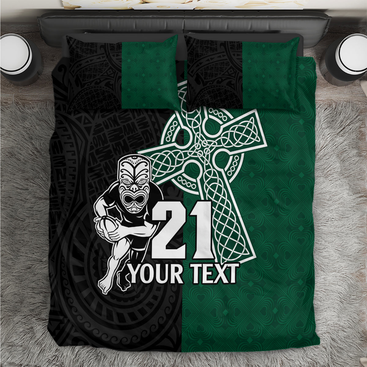 Black and green rugby bedding set with warrior number 21 and custom text, two shams