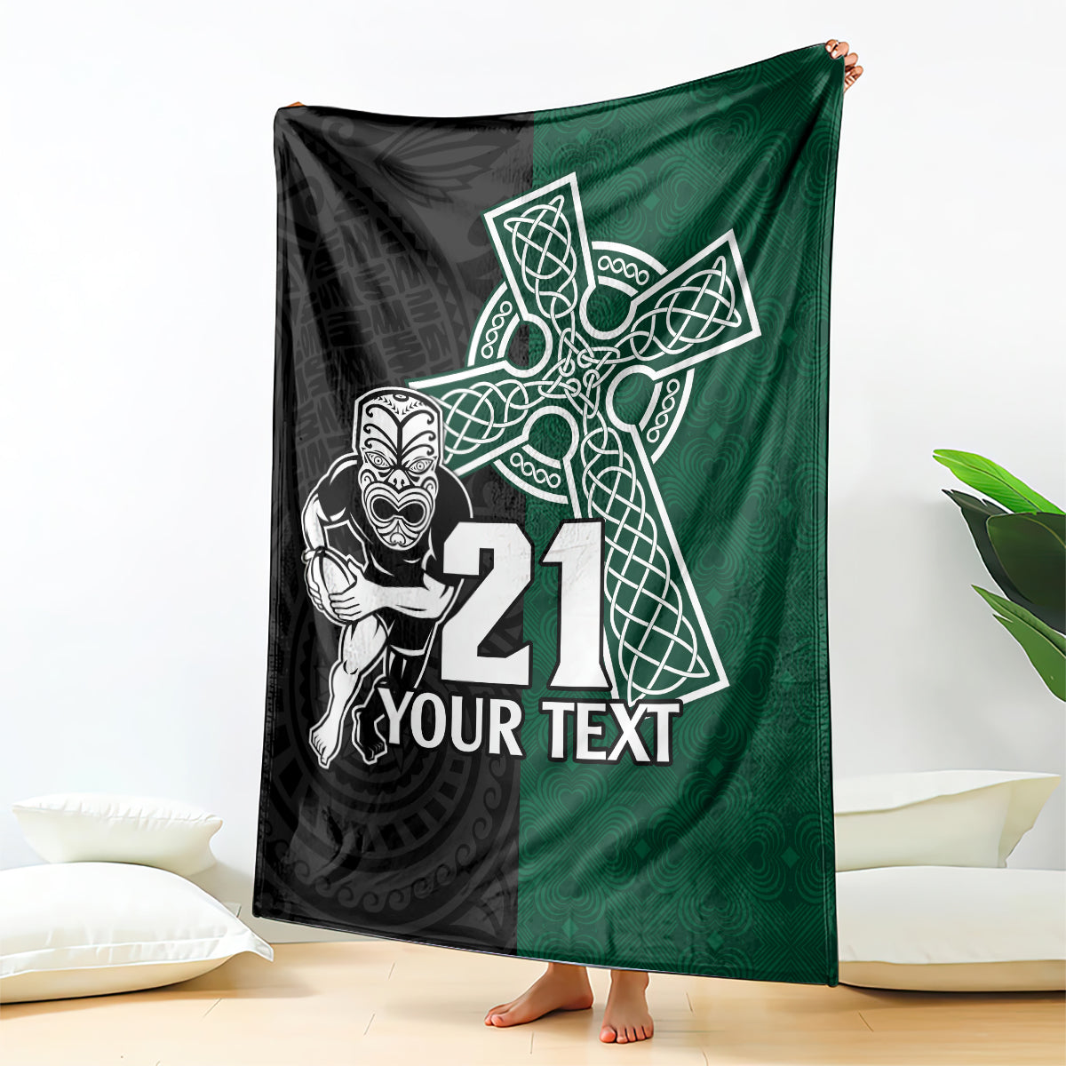 Rugby blanket in black and green with warrior, shamrocks, and '21 Your Text' print