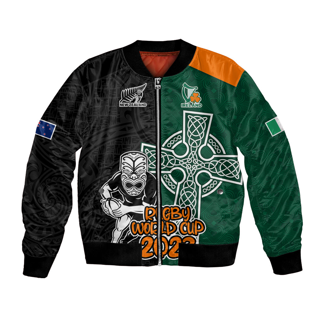 Unisex rugby bomber jacket with green/orange panels, black base, World Cup 2023 graphic