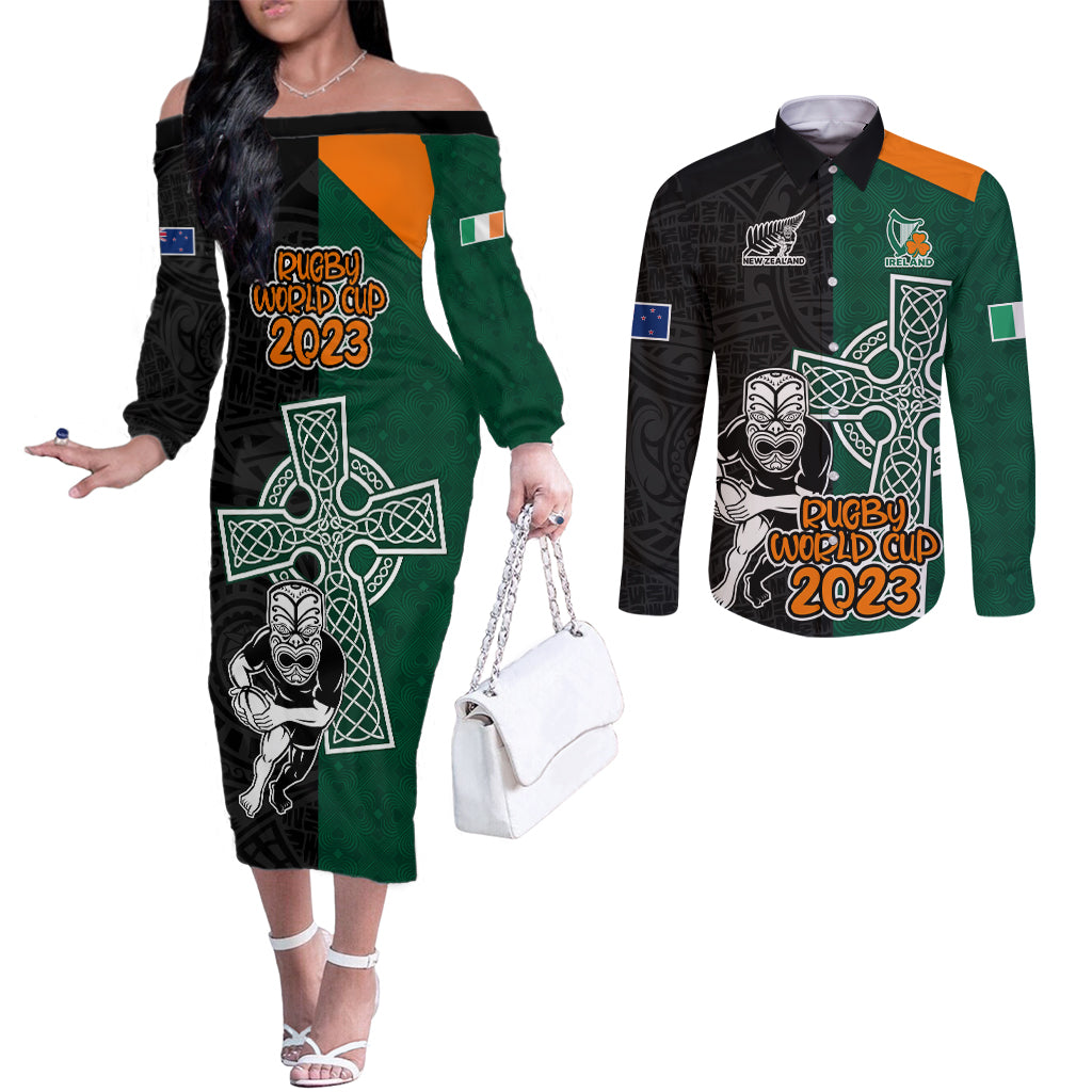 custom-france-south-africa-rugby-couples-matching-off-the-shoulder-long-sleeve-dress-and-long-sleeve-button-shirts-springboks-and-roosters-world-cup-2023-sporty-style