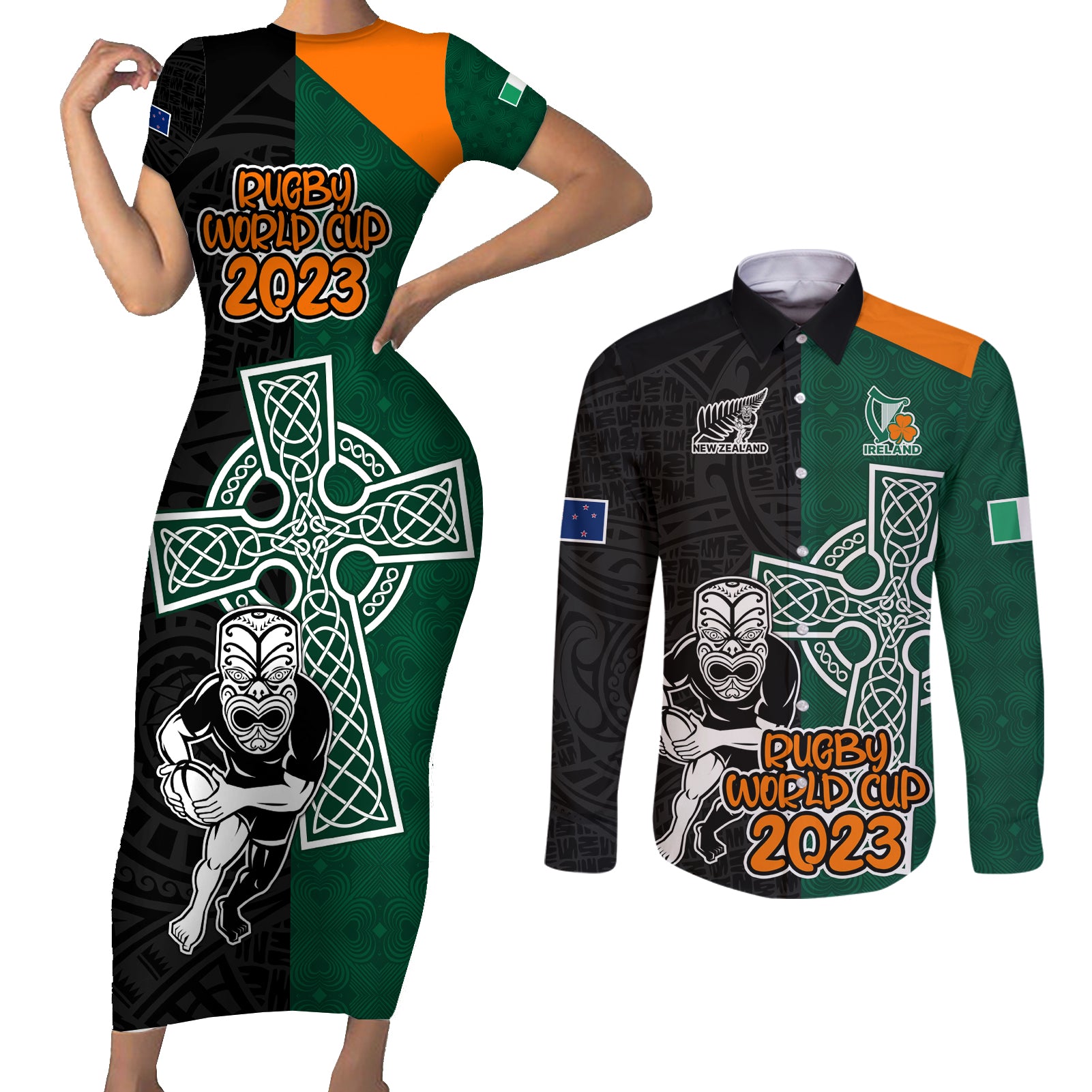 Custom New Zealand Ireland Rugby Couples Matching Short Sleeve Bodycon Dress and Long Sleeve Button Shirts Warrior Black Fern and Shamrocks World Cup 2023 LT9 - Wonder Print Shop