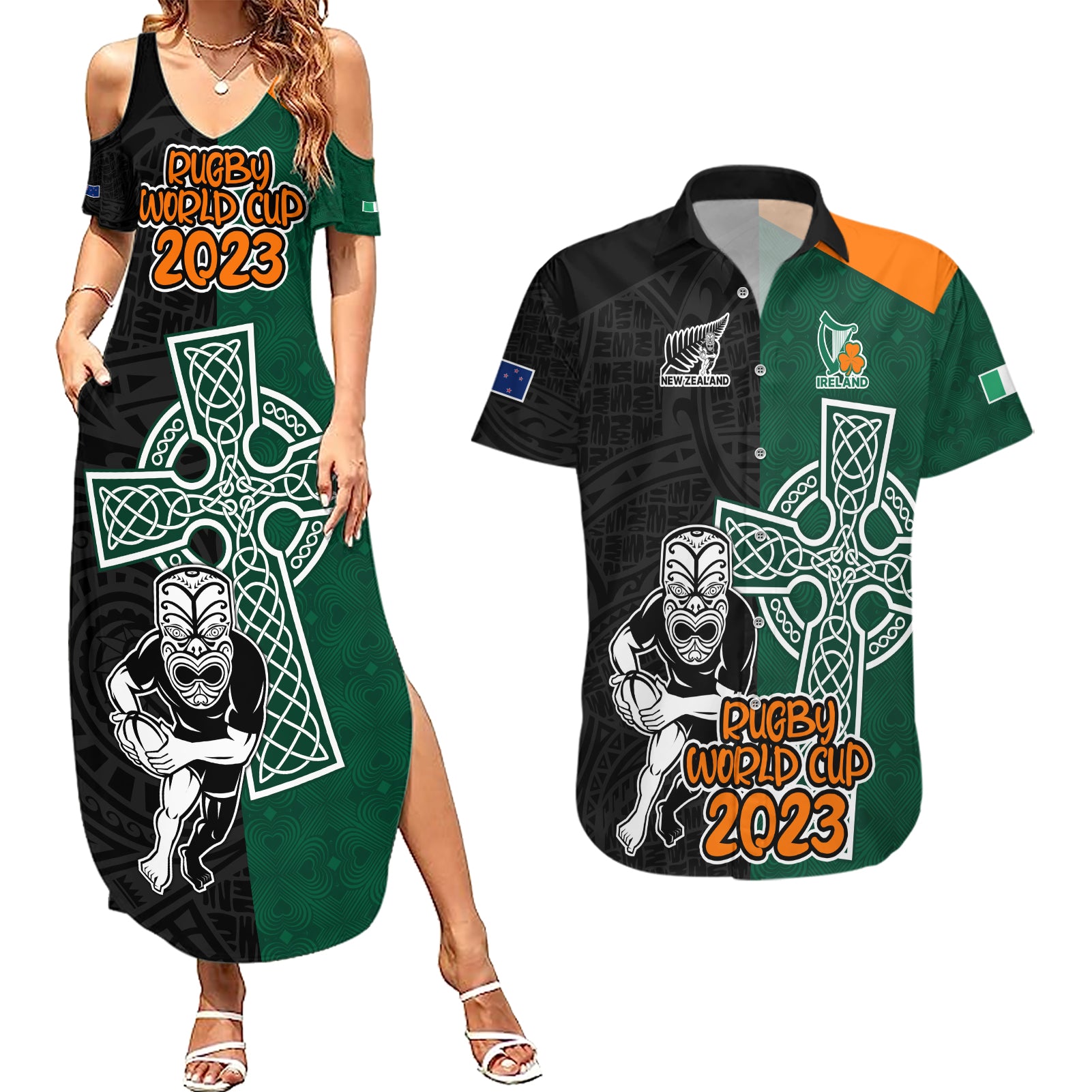 Custom New Zealand Ireland Rugby Couples Matching Summer Maxi Dress and Hawaiian Shirt Warrior Black Fern and Shamrocks World Cup 2023 LT9 - Wonder Print Shop