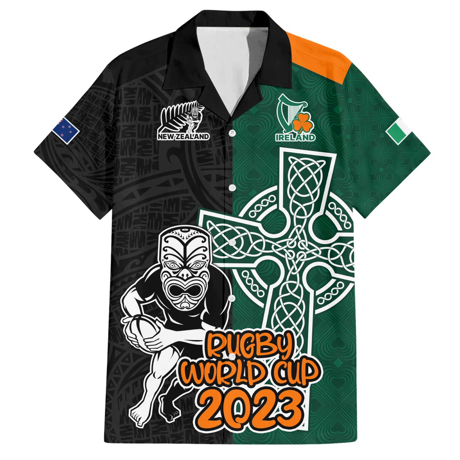 Custom New Zealand Ireland Rugby Hawaiian Shirt Warrior Black Fern and Shamrocks World Cup 2023 - Wonder Print Shop