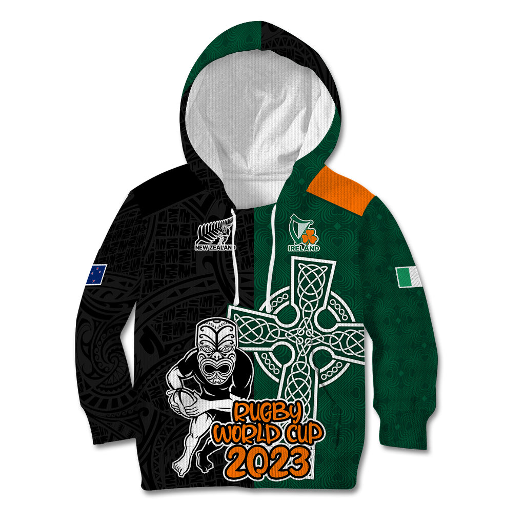 Custom New Zealand Ireland Rugby Kid Hoodie Warrior Black Fern and Shamrocks World Cup 2023 - Wonder Print Shop