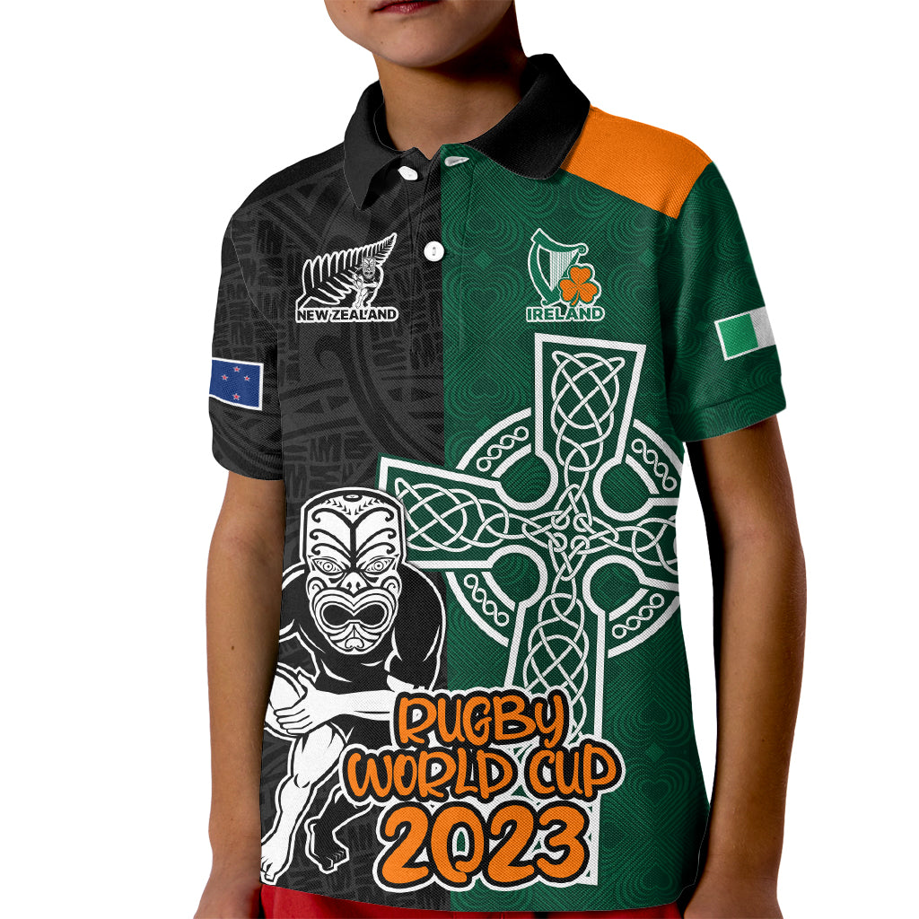 Custom New Zealand Ireland Rugby Kid Polo Shirt Warrior Black Fern and Shamrocks World Cup 2023 - Wonder Print Shop