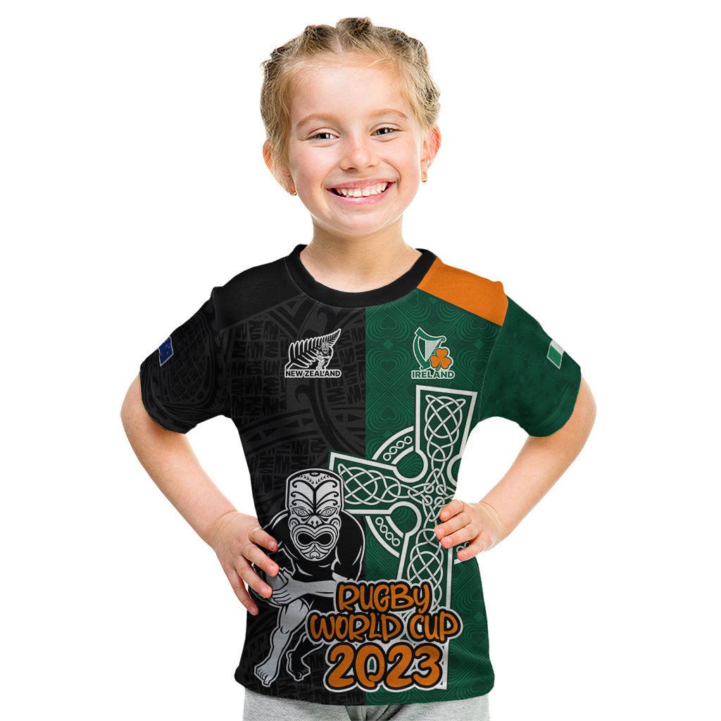 Custom New Zealand Ireland Rugby Kid T Shirt Warrior Black Fern and Shamrocks World Cup 2023 - Wonder Print Shop