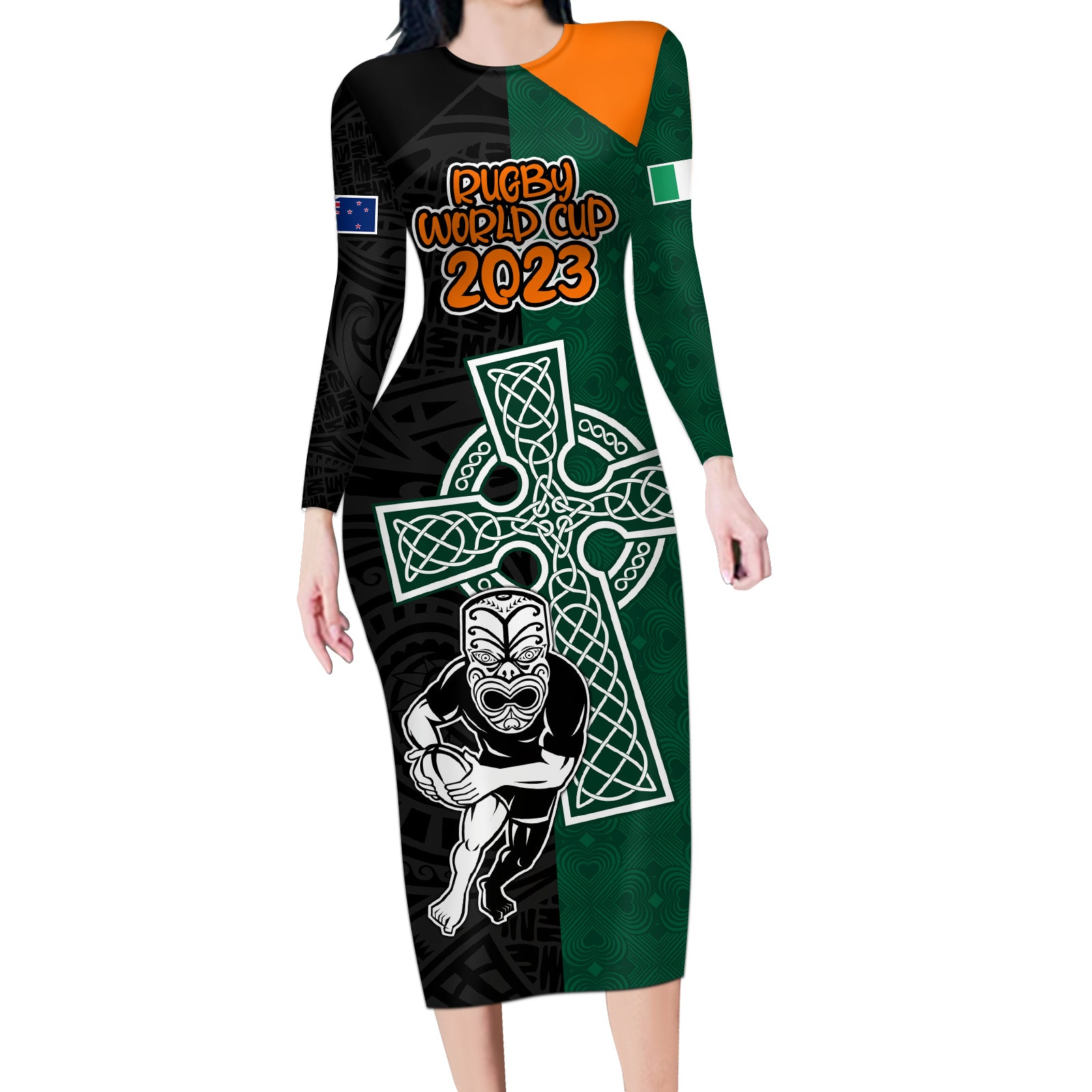 Custom New Zealand Ireland Rugby Long Sleeve Bodycon Dress Warrior Black Fern and Shamrocks World Cup 2023 - Wonder Print Shop