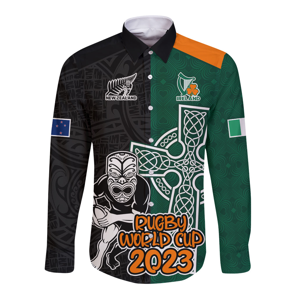 Rugby long-sleeve button shirt, black and green panels with World Cup 2023 graphic