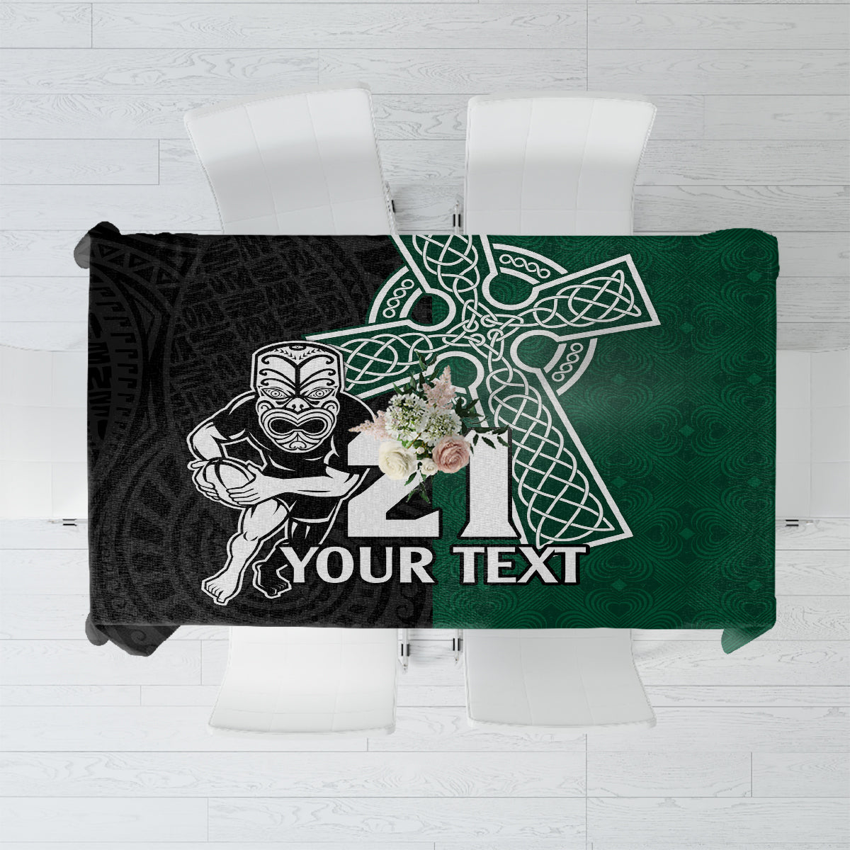 Black and green rugby tablecloth with warrior, fern & shamrock graphics and 'YOUR TEXT'