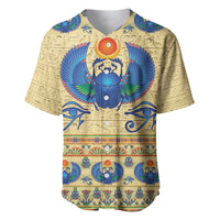 Beige baseball jersey with blue winged scarab graphic, hieroglyph pattern, button placket