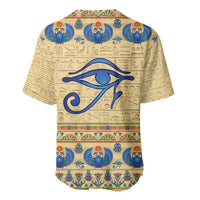 Beige baseball jersey with blue Eye of Horus motif, hieroglyphs, colorful border hem