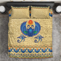 Beige Egyptian scarab beetle bedding set with blue winged emblem and hieroglyph pattern