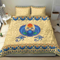 Beige duvet cover set with blue scarab beetle, red sun, and gold hieroglyph print