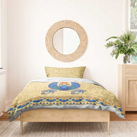 Beige bedding set with blue winged scarab beetle, red sun disk, and hieroglyph background