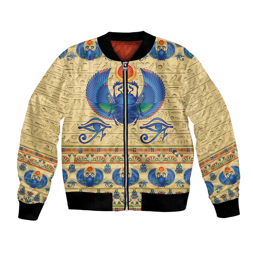 Beige bomber jacket with Egyptian scarab beetle print, front zipper and ribbed cuffs
