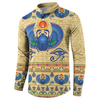 Beige henley sweatshirt with blue winged scarab front graphic and colorful border